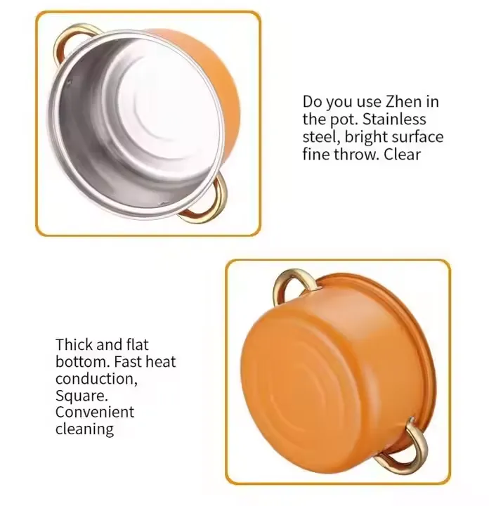 طقم أواني مطبخ من خمس قطع عالية الجودة من أواني حديد الزهر برتقالية مقبض ذهبي High Quality 5 Piece Cast Iron Cookware Set Orange Gold Handle