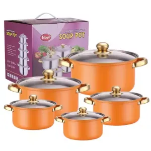 طقم أواني مطبخ من خمس قطع عالية الجودة من أواني حديد الزهر برتقالية مقبض ذهبي High Quality 5 Piece Cast Iron Cookware Set Orange Gold Handle