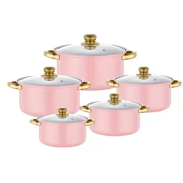 طقم أواني مطبخ من خمس قطع عالية الجودة من أواني حديد الزهر برتقالية مقبض ذهبي High Quality 5 Piece Cast Iron Cookware Set Orange Gold Handle