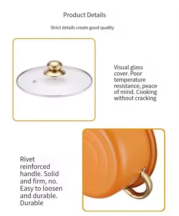 طقم أواني مطبخ من خمس قطع عالية الجودة من أواني حديد الزهر برتقالية مقبض ذهبي High Quality 5 Piece Cast Iron Cookware Set Orange Gold Handle