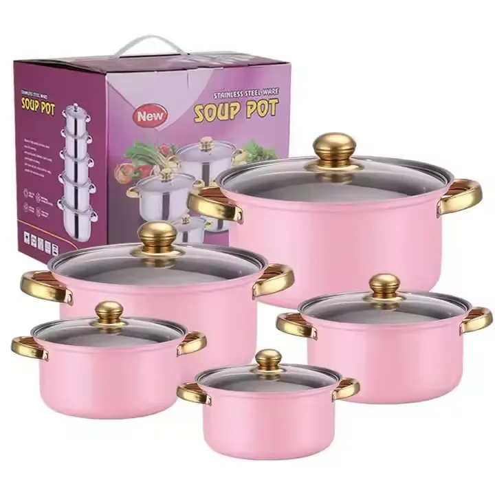طقم أواني مطبخ من خمس قطع عالية الجودة من أواني حديد الزهر برتقالية مقبض ذهبي High Quality 5 Piece Cast Iron Cookware Set Orange Gold Handle