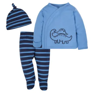 3-Piece Dinosaur Baby Boys Side-Snap Shirt, Footed Pants and Cap Set