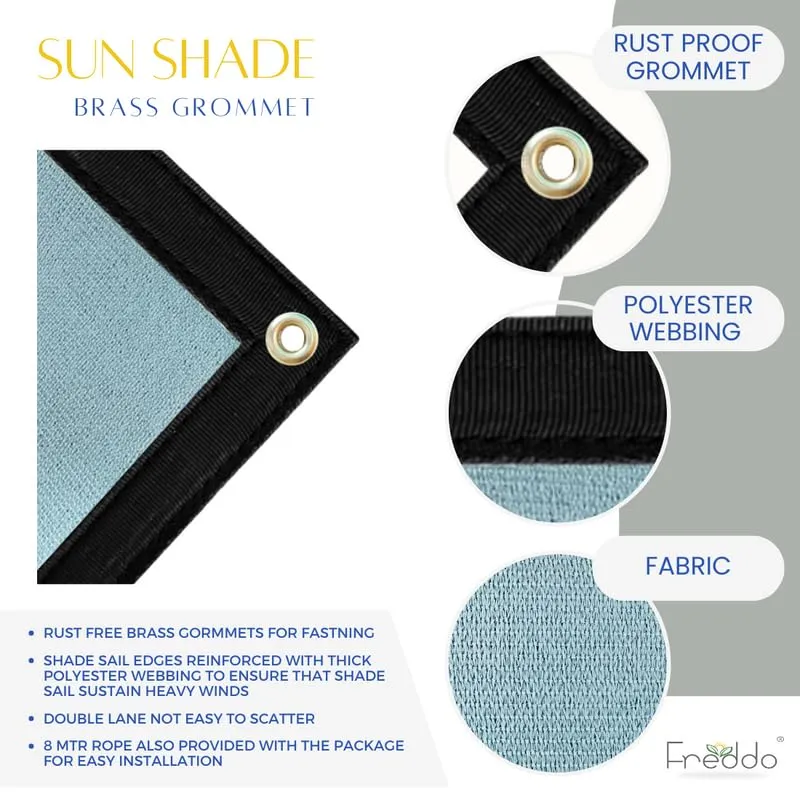 FREDDO HDPE Fabric Sun Shade Sail with Brass Eyelet - 90% Sun and UV Protection for Car Parking, Outdoor, Garden, Balcony, Verandas, Patio, Grey Color, 10 ft x 8 ft, Pack of 1 Piece