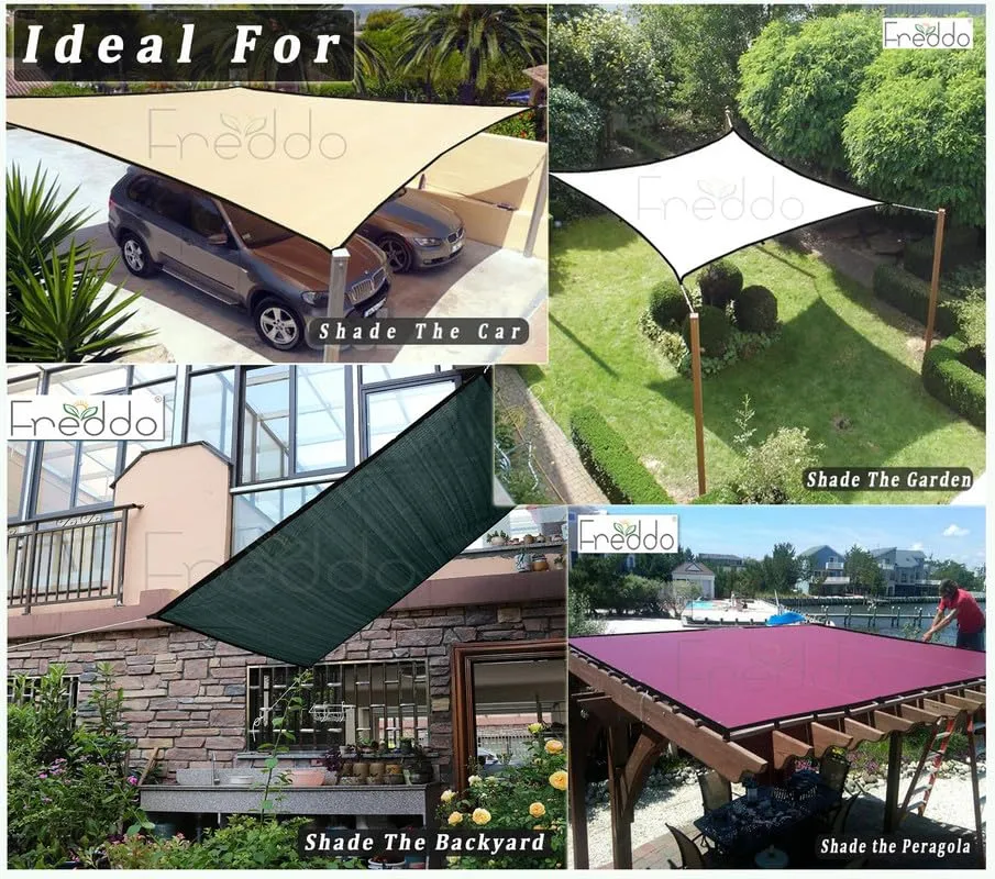 FREDDO HDPE Fabric Sun Shade Sail with Brass Eyelet - 90% Sun and UV Protection for Car Parking, Outdoor, Garden, Balcony, Verandas, Patio, Grey Color, 10 ft x 8 ft, Pack of 1 Piece