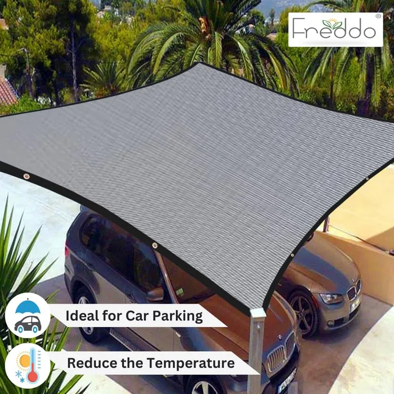 FREDDO HDPE Fabric Sun Shade Sail with Brass Eyelet - 90% Sun and UV Protection for Car Parking, Outdoor, Garden, Balcony, Verandas, Patio, Grey Color, 10 ft x 8 ft, Pack of 1 Piece
