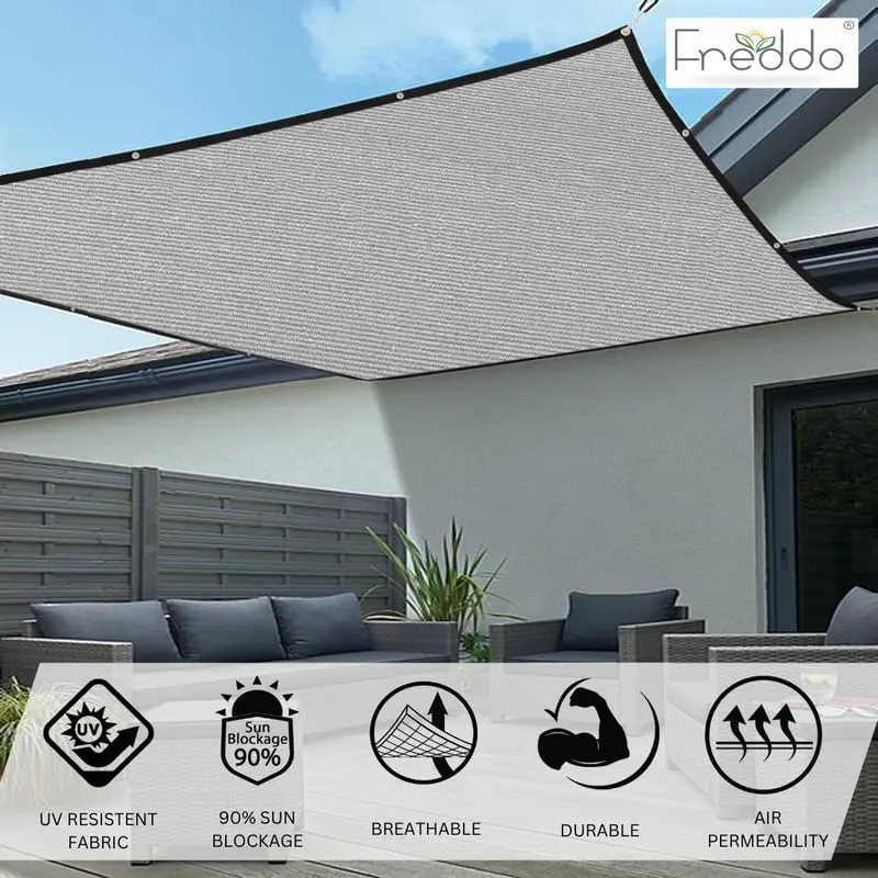 FREDDO HDPE Fabric Sun Shade Sail with Brass Eyelet - 90% Sun and UV Protection for Car Parking, Outdoor, Garden, Balcony, Verandas, Patio, Grey Color, 10 ft x 8 ft, Pack of 1 Piece