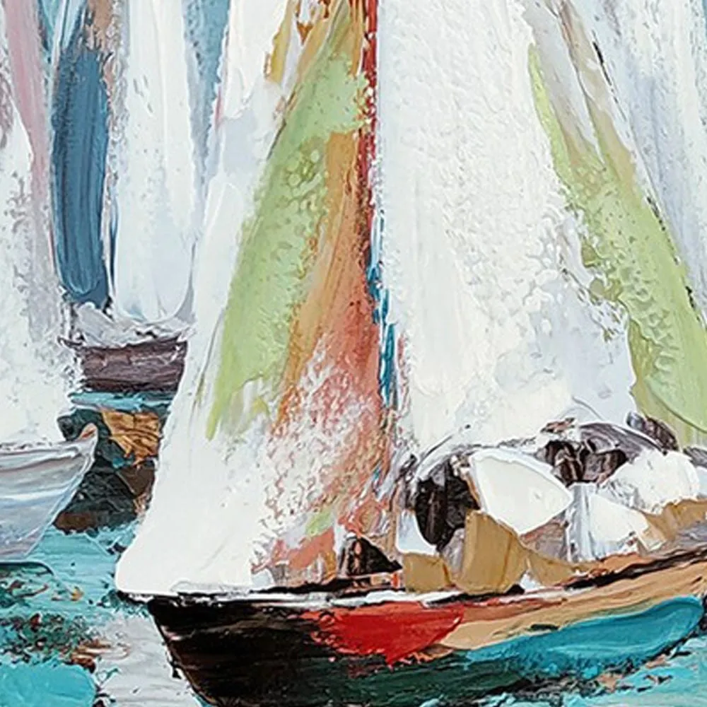 Hy 39 x 59 Hand Painted Multicolor Floating Boats, Modern, White Frame  By Casagear Home