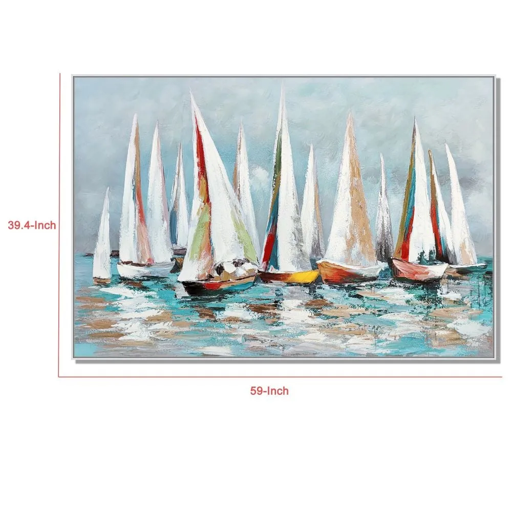 Hy 39 x 59 Hand Painted Multicolor Floating Boats, Modern, White Frame  By Casagear Home