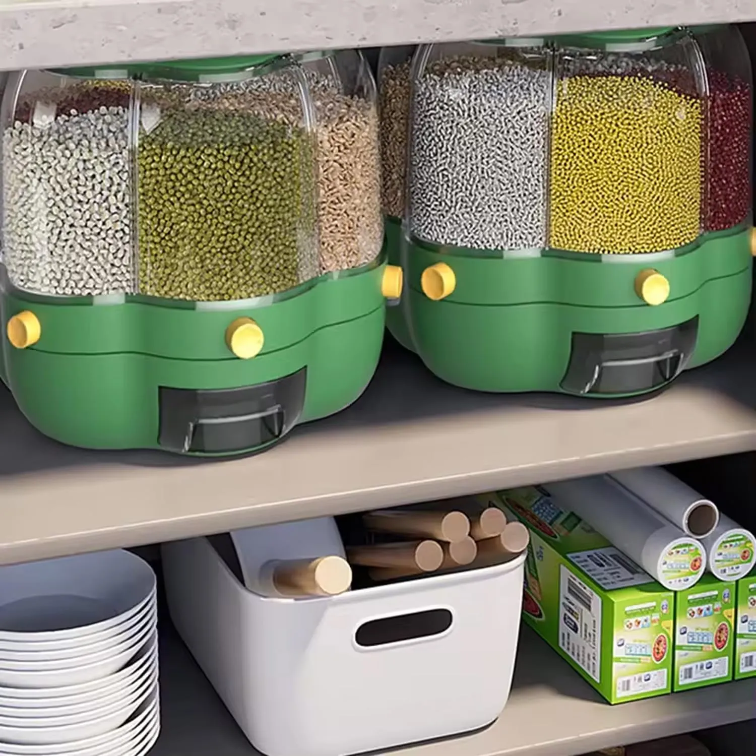 Kuber Industries 360° Rotating Grain Dispenser | Kitchen Spice Organizer | 6-Grid Spinning Spice Box | Masala Dani for Countertop | Kitchen Slabs Organizer | Multipurpose Containers | B803GR | Green