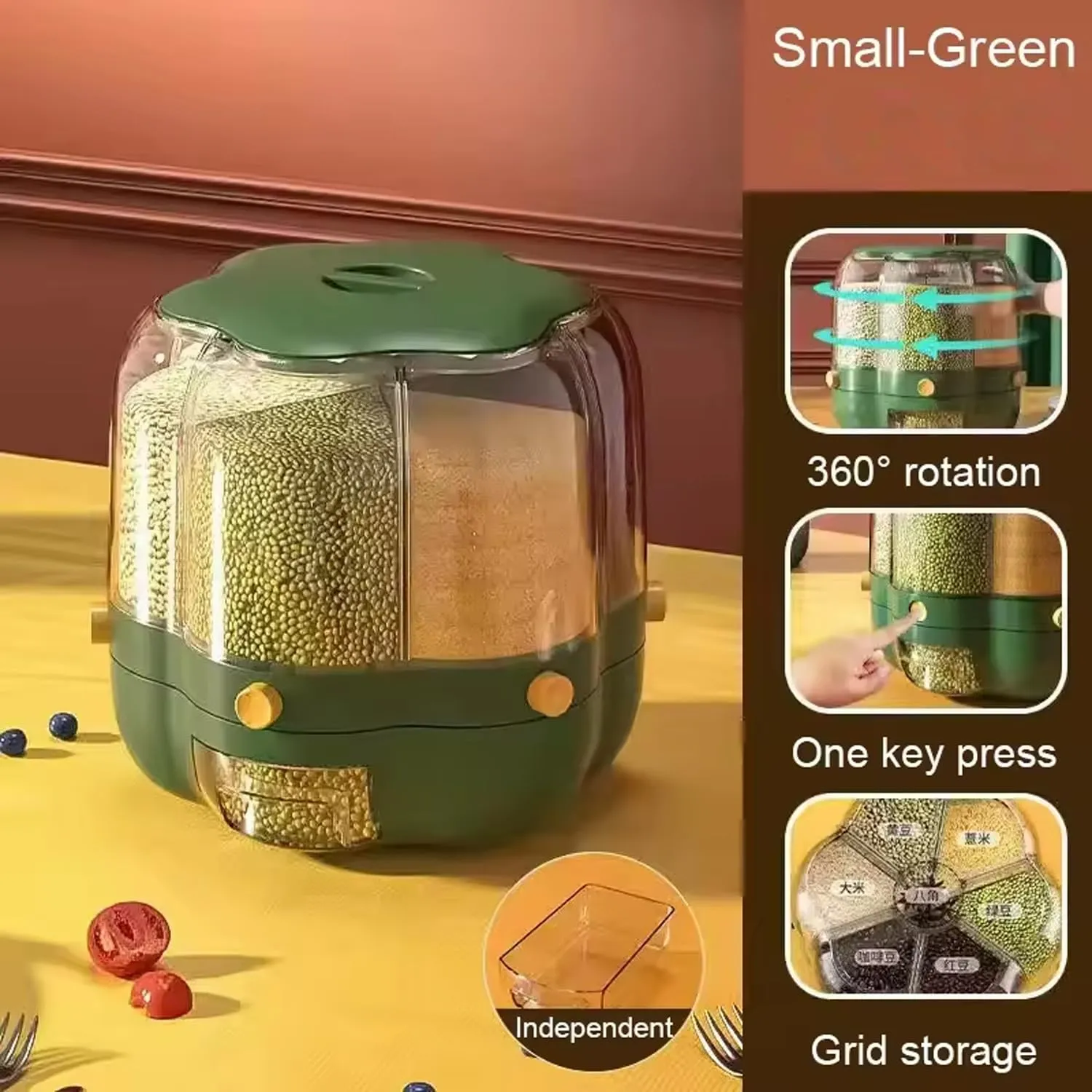 Kuber Industries 360° Rotating Grain Dispenser | Kitchen Spice Organizer | 6-Grid Spinning Spice Box | Masala Dani for Countertop | Kitchen Slabs Organizer | Multipurpose Containers | B803GR | Green