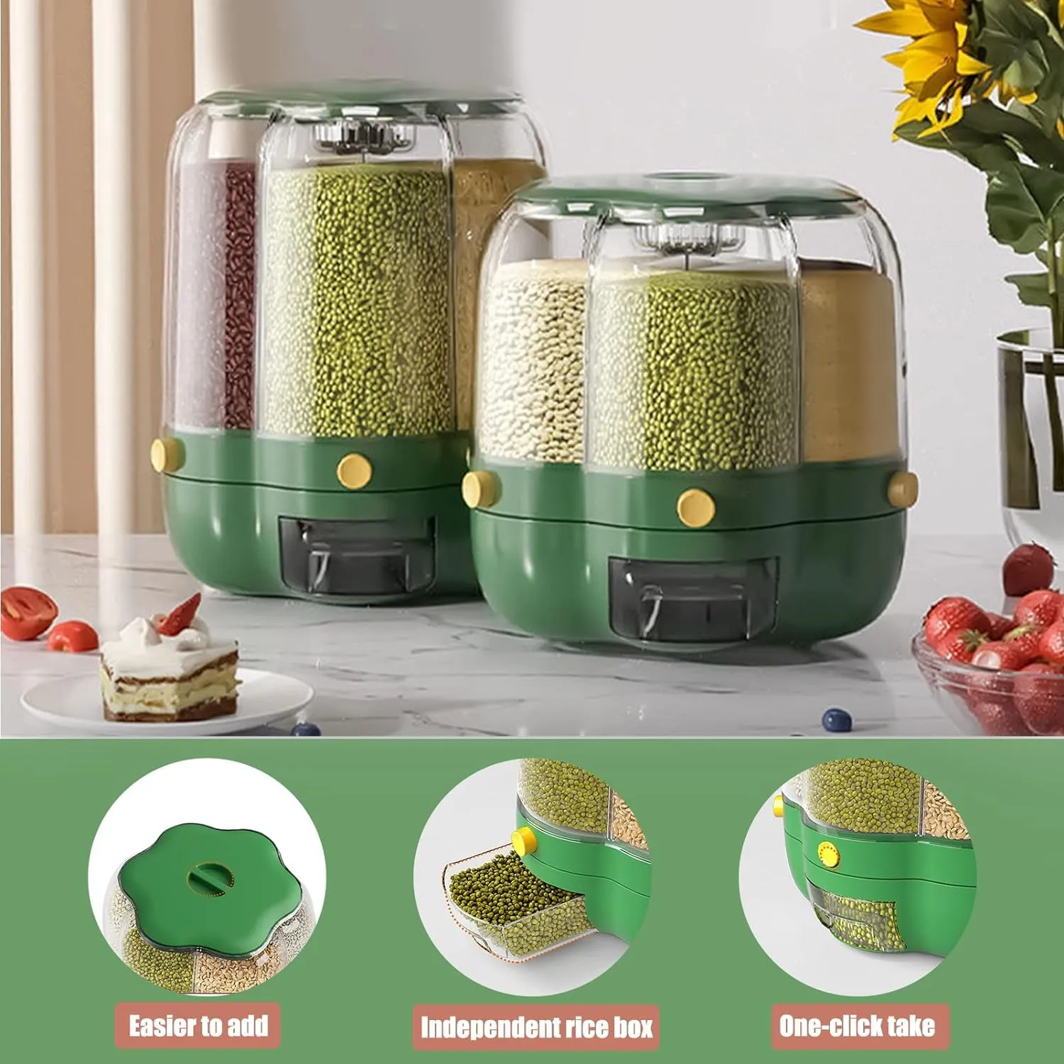 Kuber Industries 360° Rotating Grain Dispenser | Kitchen Spice Organizer | 6-Grid Spinning Spice Box | Masala Dani for Countertop | Kitchen Slabs Organizer | Multipurpose Containers | B803GR | Green