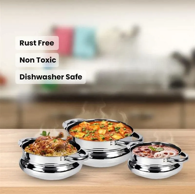 Kuber Industries Stainless Steel Handi Casserole Set of 3 with Lid|Cook and Serve|600 ml, 1 Litre, 1.6 Litre Capacity|Biryani Handi, Saucepan, Silver|Patila/Tope for Kitchen Combo of 3 (Pack Of 2)