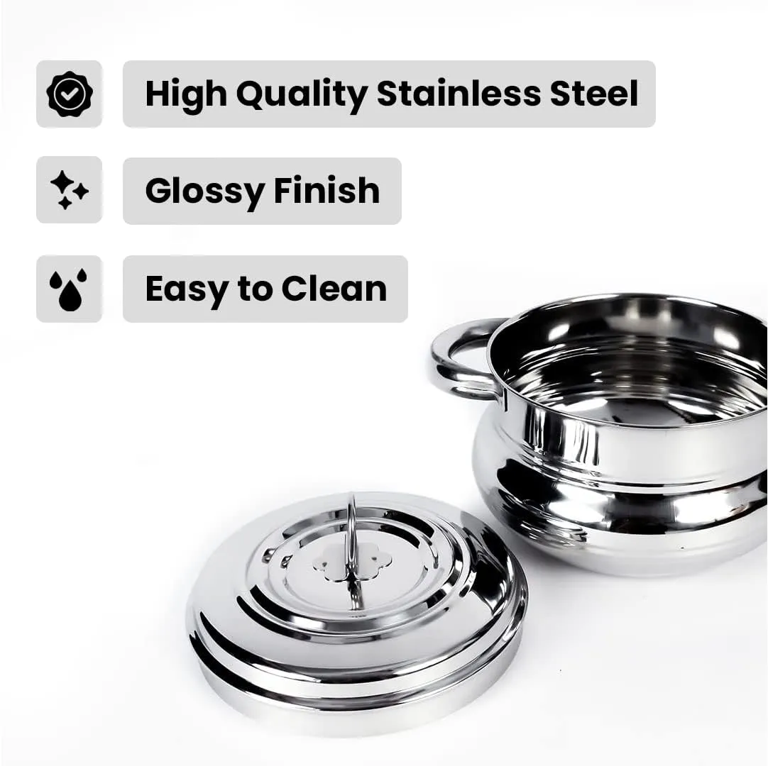 Kuber Industries Stainless Steel Handi Casserole Set of 3 with Lid|Cook and Serve|600 ml, 1 Litre, 1.6 Litre Capacity|Biryani Handi, Saucepan, Silver|Patila/Tope for Kitchen Combo of 3 (Pack Of 2)
