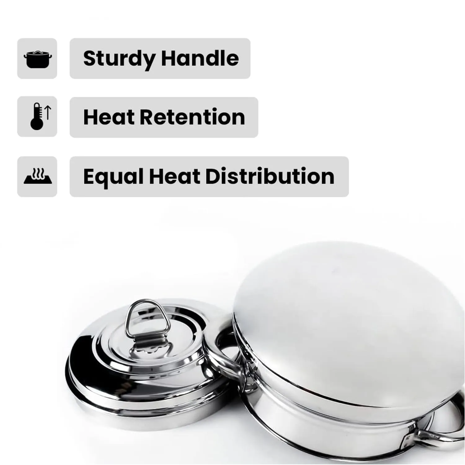 Kuber Industries Stainless Steel Handi Casserole Set of 3 with Lid|Cook and Serve|600 ml, 1 Litre, 1.6 Litre Capacity|Biryani Handi, Saucepan, Silver|Patila/Tope for Kitchen Combo of 3 (Pack Of 2)
