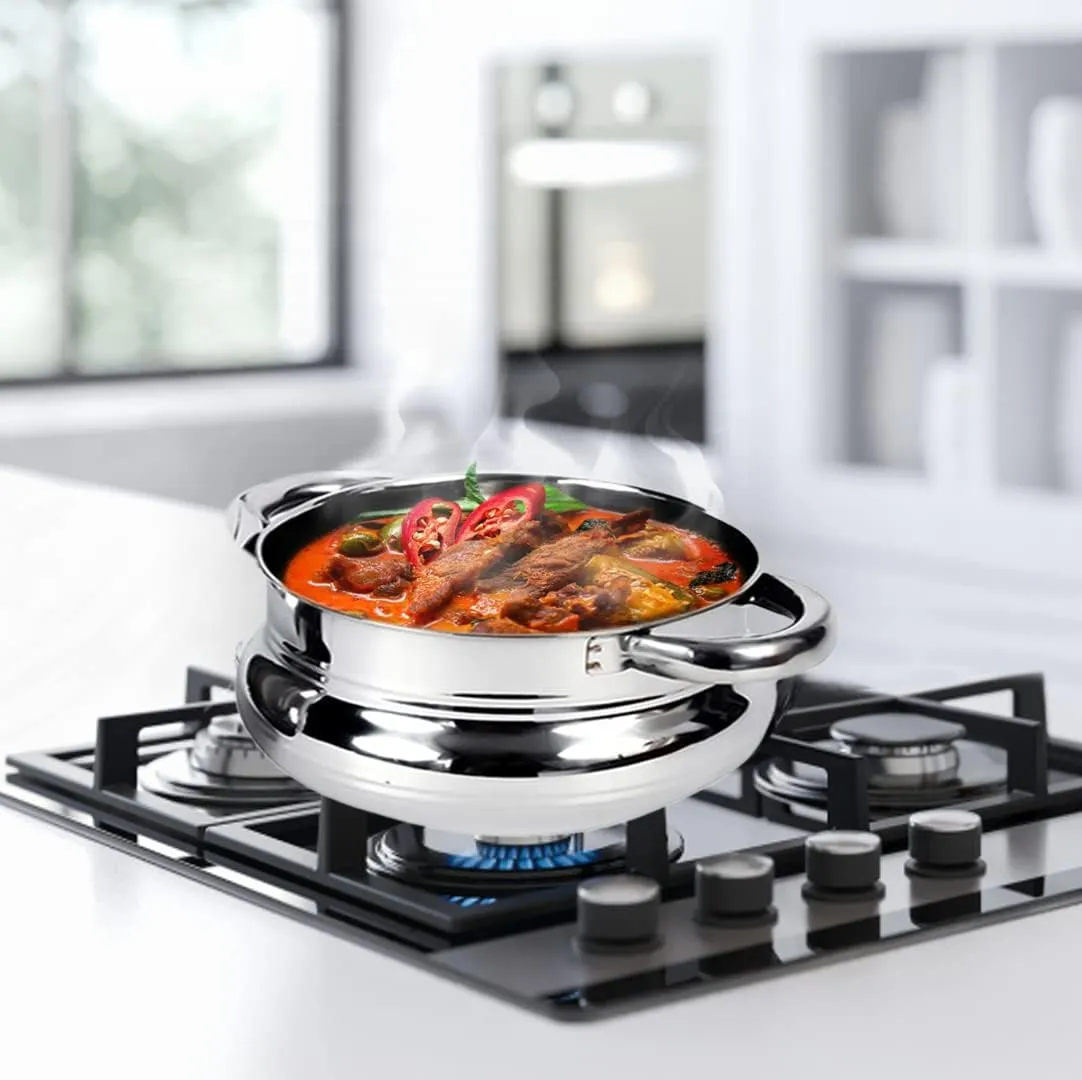 Kuber Industries Stainless Steel Handi Casserole Set of 3 with Lid|Cook and Serve|600 ml, 1 Litre, 1.6 Litre Capacity|Biryani Handi, Saucepan, Silver|Patila/Tope for Kitchen Combo of 3 (Pack Of 2)