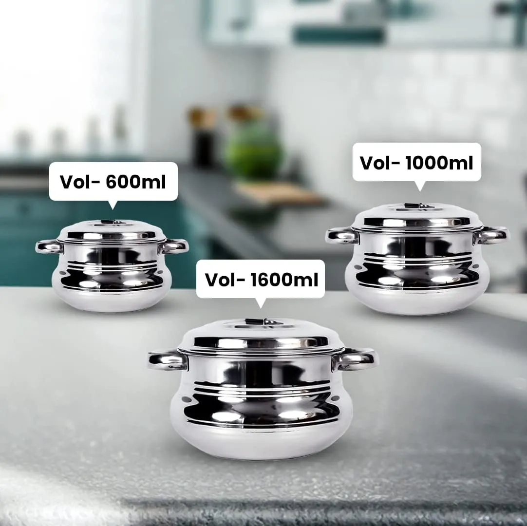 Kuber Industries Stainless Steel Handi Casserole Set of 3 with Lid|Cook and Serve|600 ml, 1 Litre, 1.6 Litre Capacity|Biryani Handi, Saucepan, Silver|Patila/Tope for Kitchen Combo of 3 (Pack Of 2)