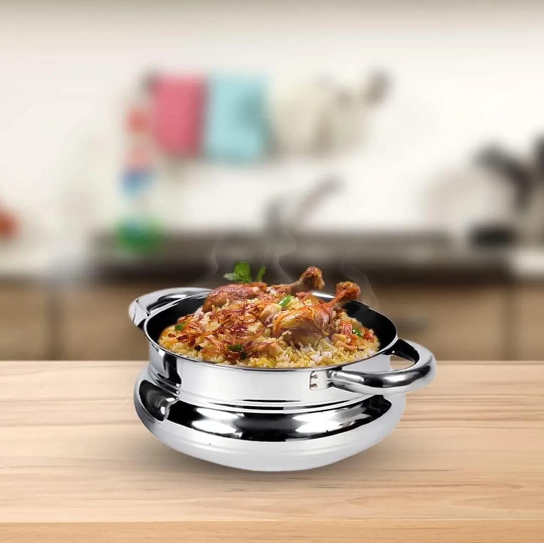 Kuber Industries Stainless Steel Handi Casserole Set of 3 with Lid|Cook and Serve|600 ml, 1 Litre, 1.6 Litre Capacity|Biryani Handi, Saucepan, Silver|Patila/Tope for Kitchen Combo of 3 (Pack Of 2)