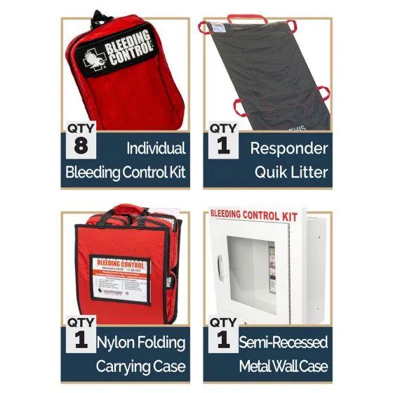 Public Access Bleeding Control Station - 8-PACK Nylon Pouch - Metal Semi-Recessed Cabinet
