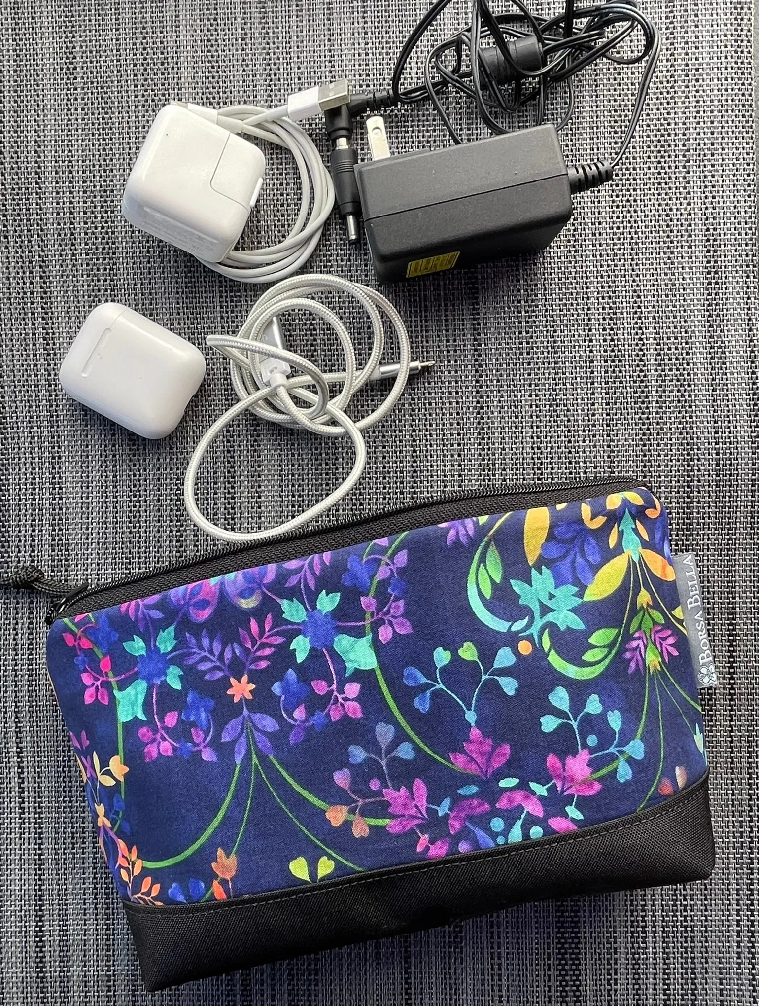 Side Kick Gusseted Zippered Pouch Gray Floral Fabric