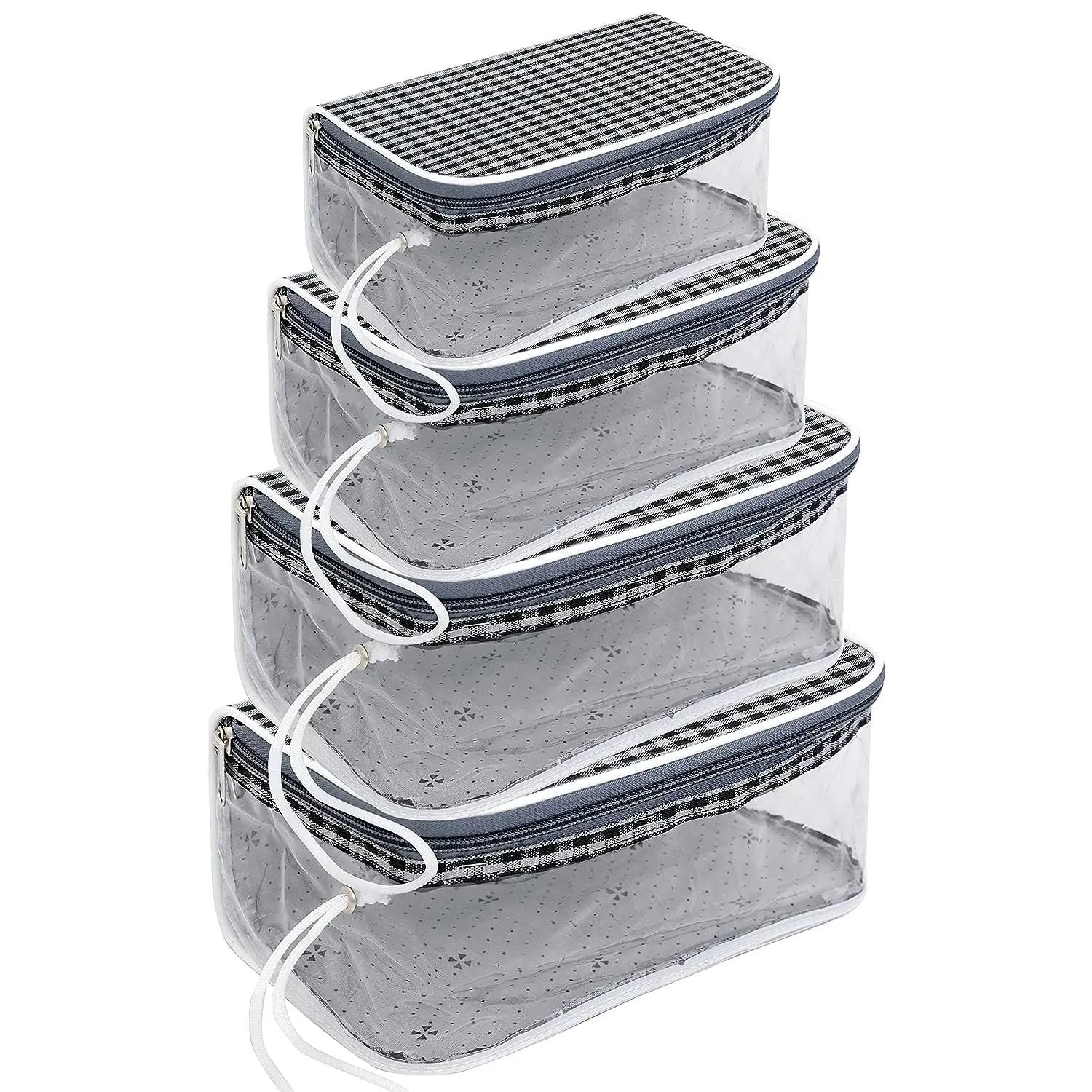 SNDIA Set of 4 Multipurpose Transparent Travel Pouches for Women, Makeup Toiletry Kit Bag,Cosmetic Pouch for Women (Grey & Black Checks, 22.5 x 12 x 10 cm)