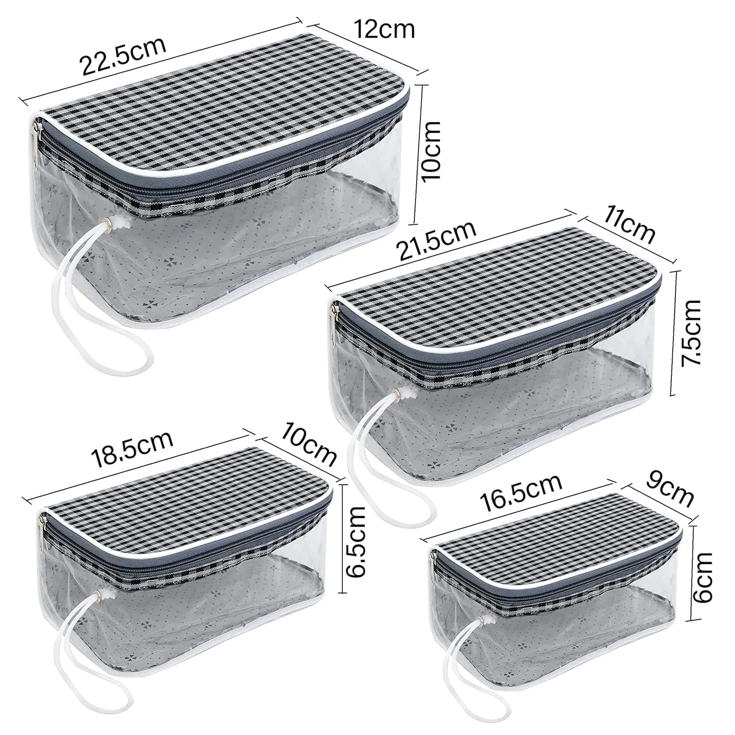 SNDIA Set of 4 Multipurpose Transparent Travel Pouches for Women, Makeup Toiletry Kit Bag,Cosmetic Pouch for Women (Grey & Black Checks, 22.5 x 12 x 10 cm)