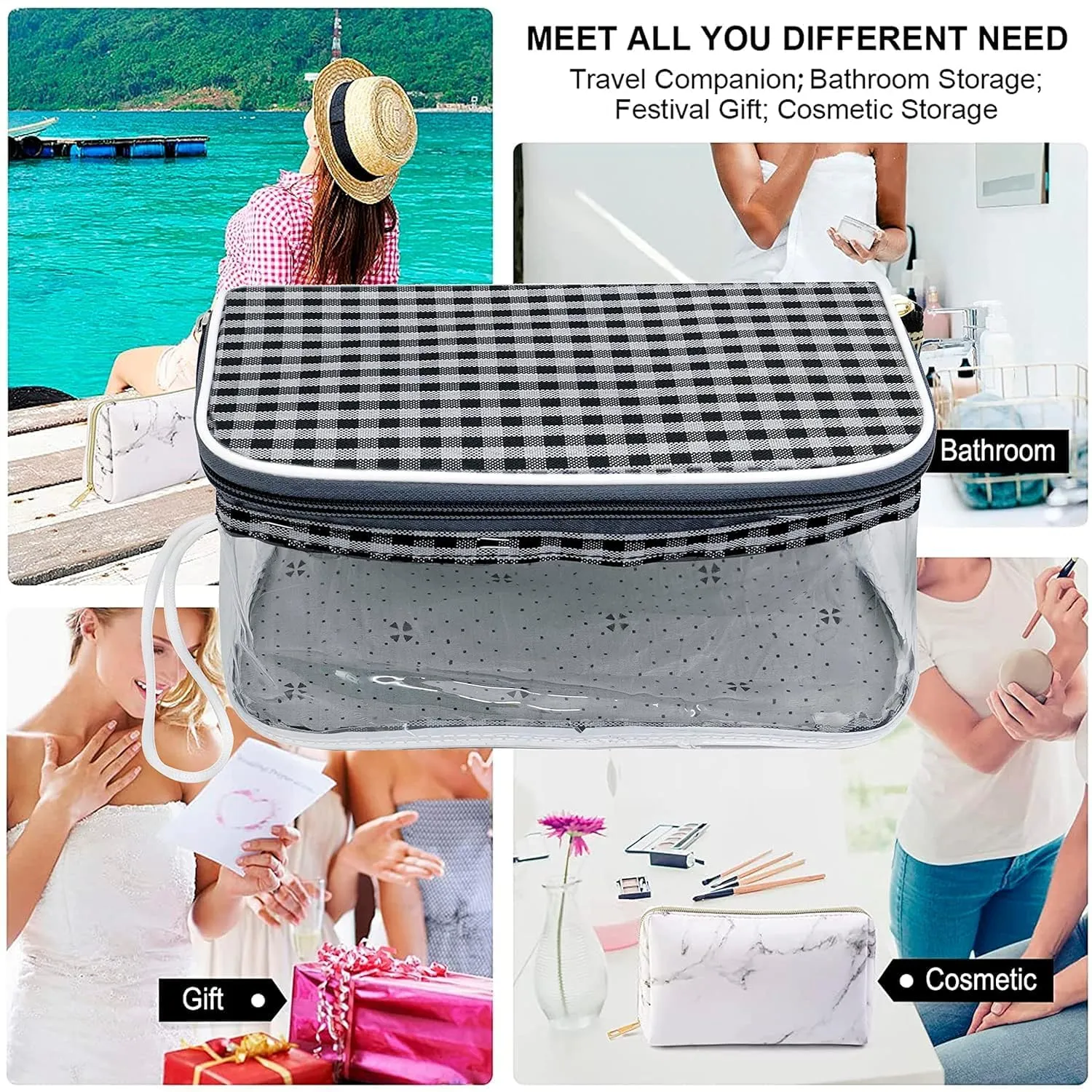 SNDIA Set of 4 Multipurpose Transparent Travel Pouches for Women, Makeup Toiletry Kit Bag,Cosmetic Pouch for Women (Grey & Black Checks, 22.5 x 12 x 10 cm)