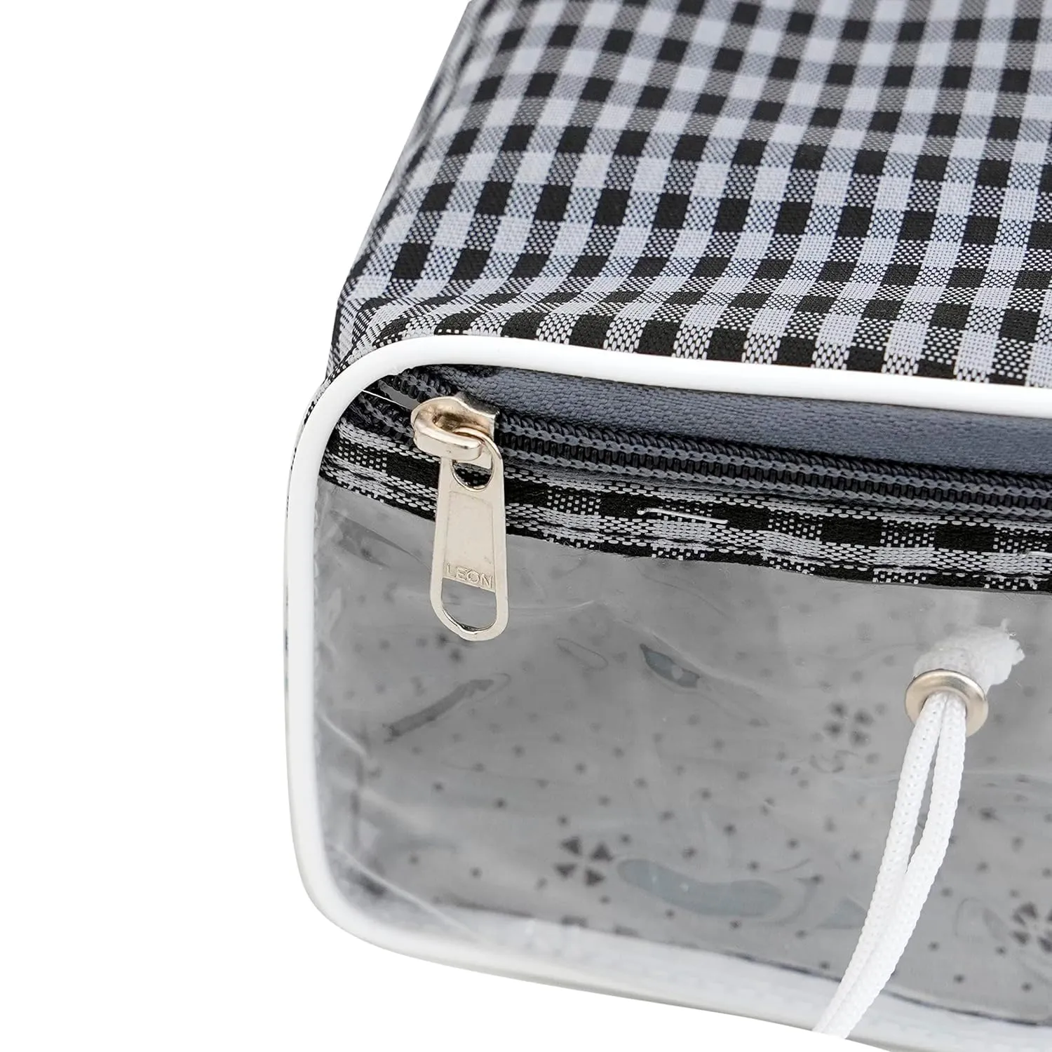 SNDIA Set of 4 Multipurpose Transparent Travel Pouches for Women, Makeup Toiletry Kit Bag,Cosmetic Pouch for Women (Grey & Black Checks, 22.5 x 12 x 10 cm)