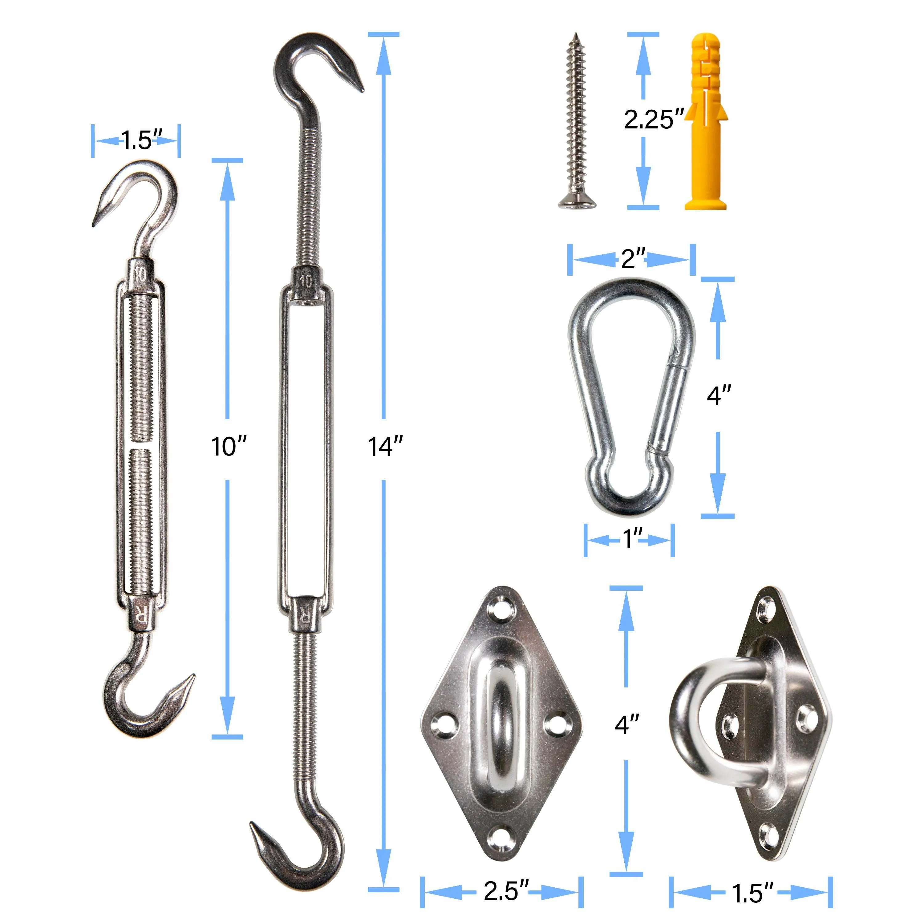 Stainless Steel 10" Sun Shade Sail Hardware Installation Kit - Triangle