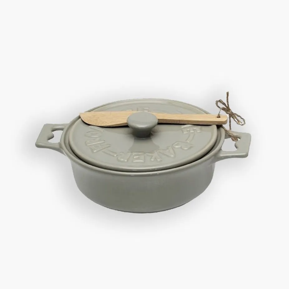Stoneware Brie Baker W/ Wood Spreader (Olive Green)