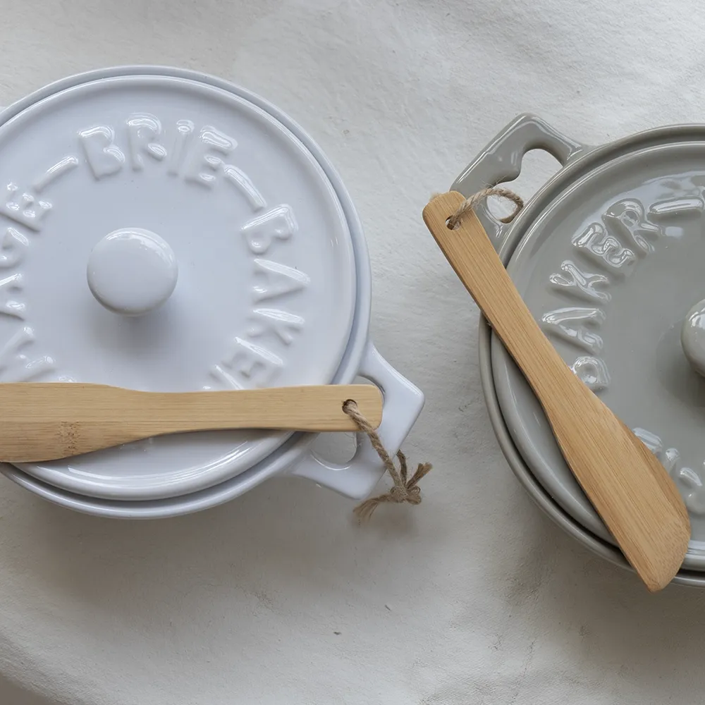 Stoneware Brie Baker W/ Wood Spreader (Olive Green)