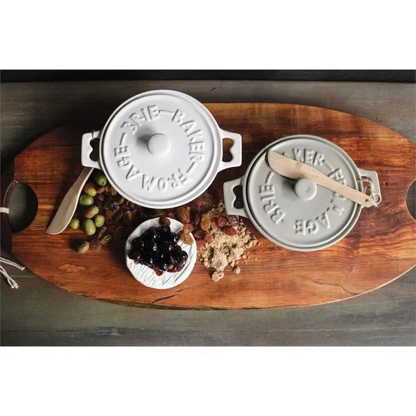Stoneware Brie Baker W/ Wood Spreader (Olive Green)