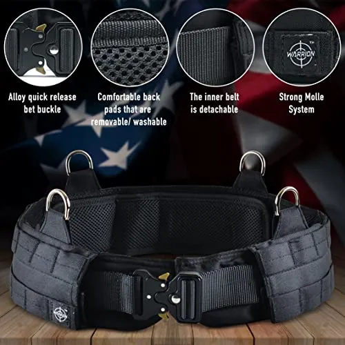 Warrion Tactical Battle Combat Belt - Military with Molle (Black, 32-34 Inch)