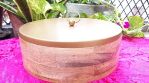 Wood and Metal Spice Box Masala Box Dabba Jars for Kitchen - Round Masala container set - Golden